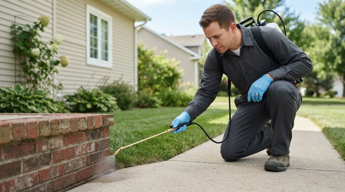Pest control technician treating a home near Rockville, IN